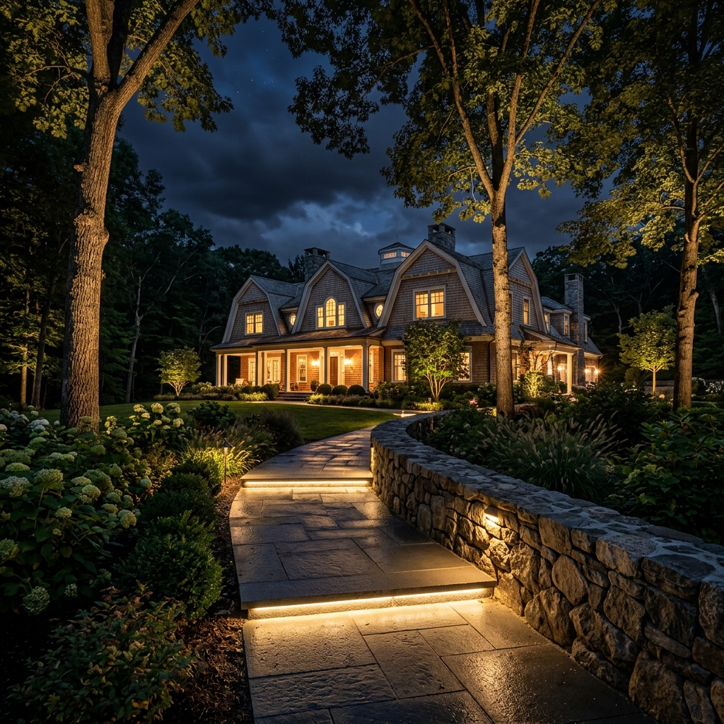 Luxury MetroWest landscape lighting at night